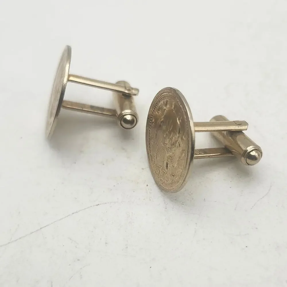 Vintage Coin Cufflinks Gold Tone Liberty Head Round Mens Formal Jewelry Set Pair